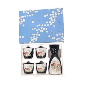 Kutani Sake Set Vintage Japanese Handpainted Decanter Cups Ceramic Iris 5 Piece